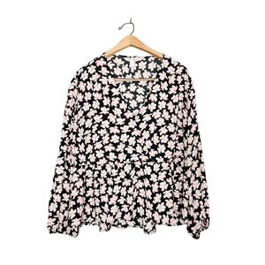 Popsugar Womens Cherry Blossom Floral Print Wrap Style Peplum Hem Blouse Large L